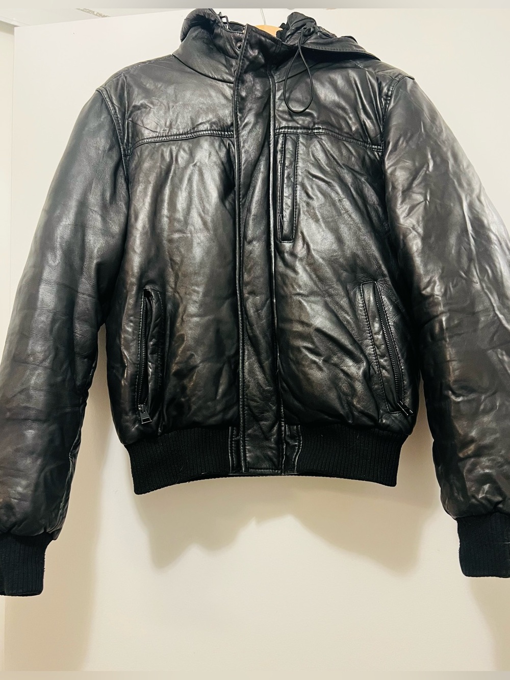 Danier Black Leather Hooded Bomber Jacket